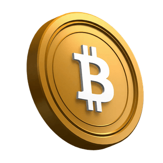 Moeda BTC Bitcoin posicionada na diagonal como elemento visual do hero